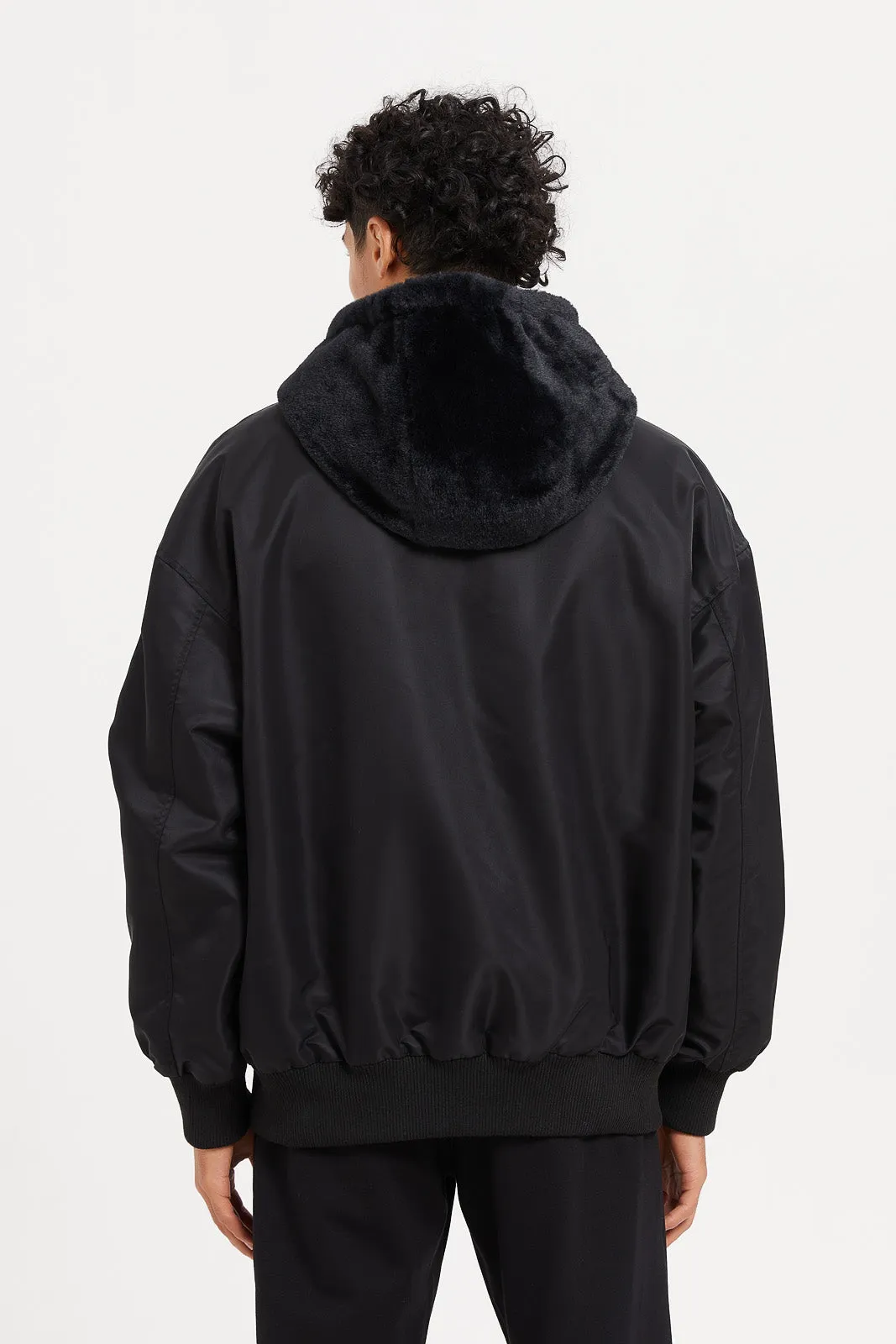 Men Black Hooded Bomber Jacket With Faux Fur