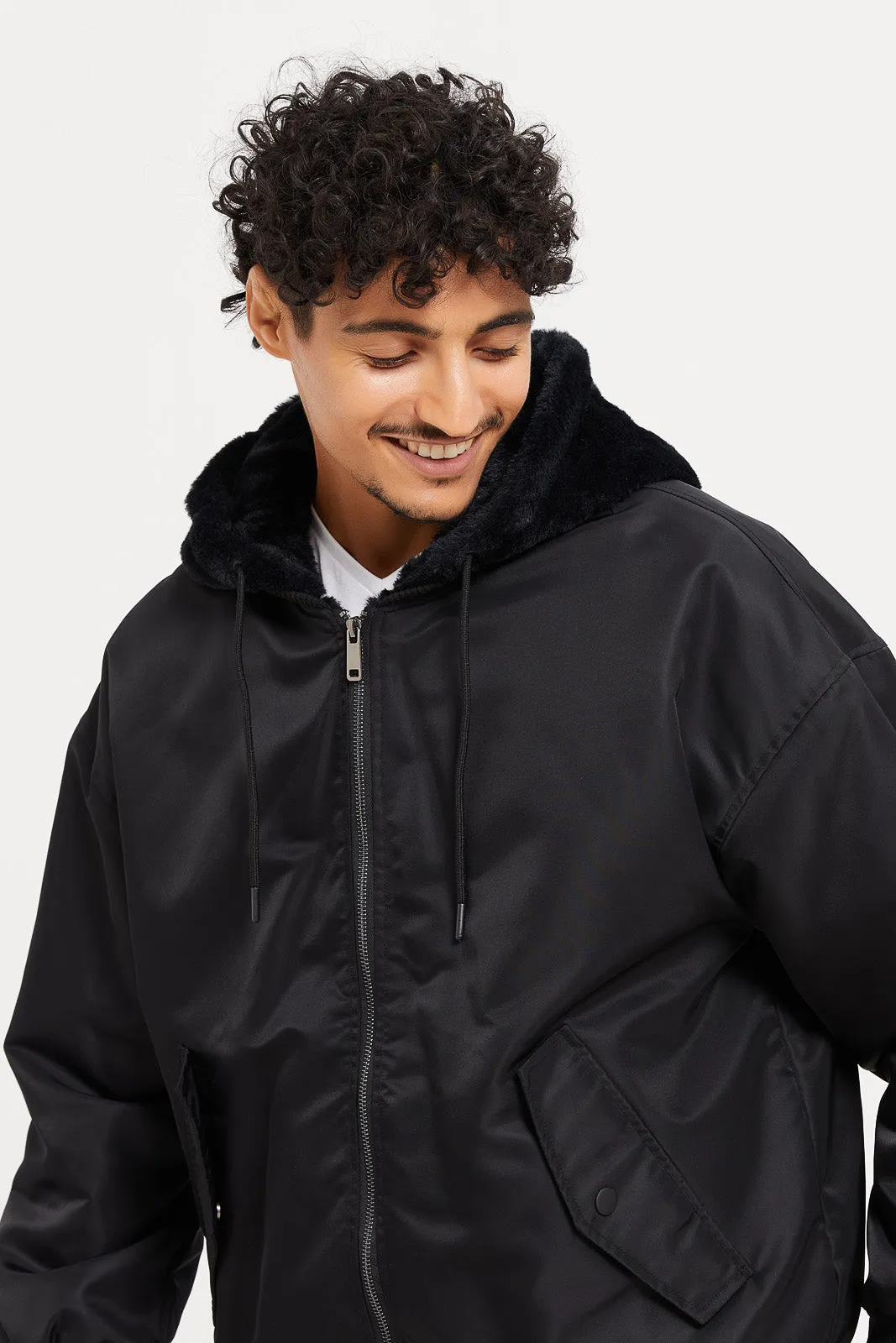 Men Black Hooded Bomber Jacket With Faux Fur