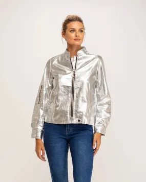 Metallic faux leather bomber jacket with zipper SILVER