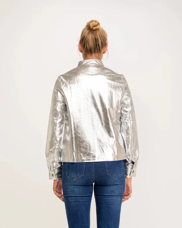 Metallic faux leather bomber jacket with zipper SILVER