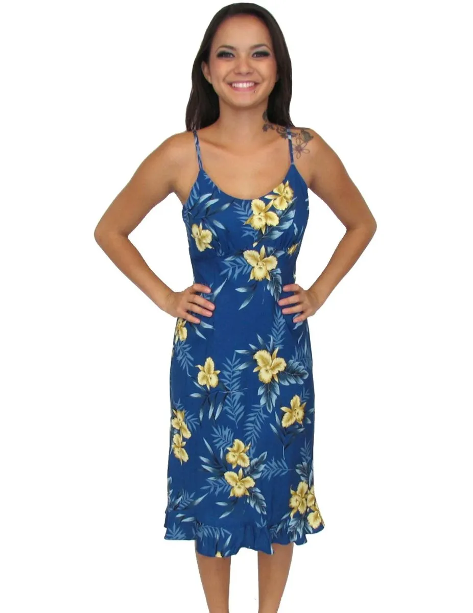 Midi Slip Spaghetti Straps Hawaiian Dress Blue Okalani