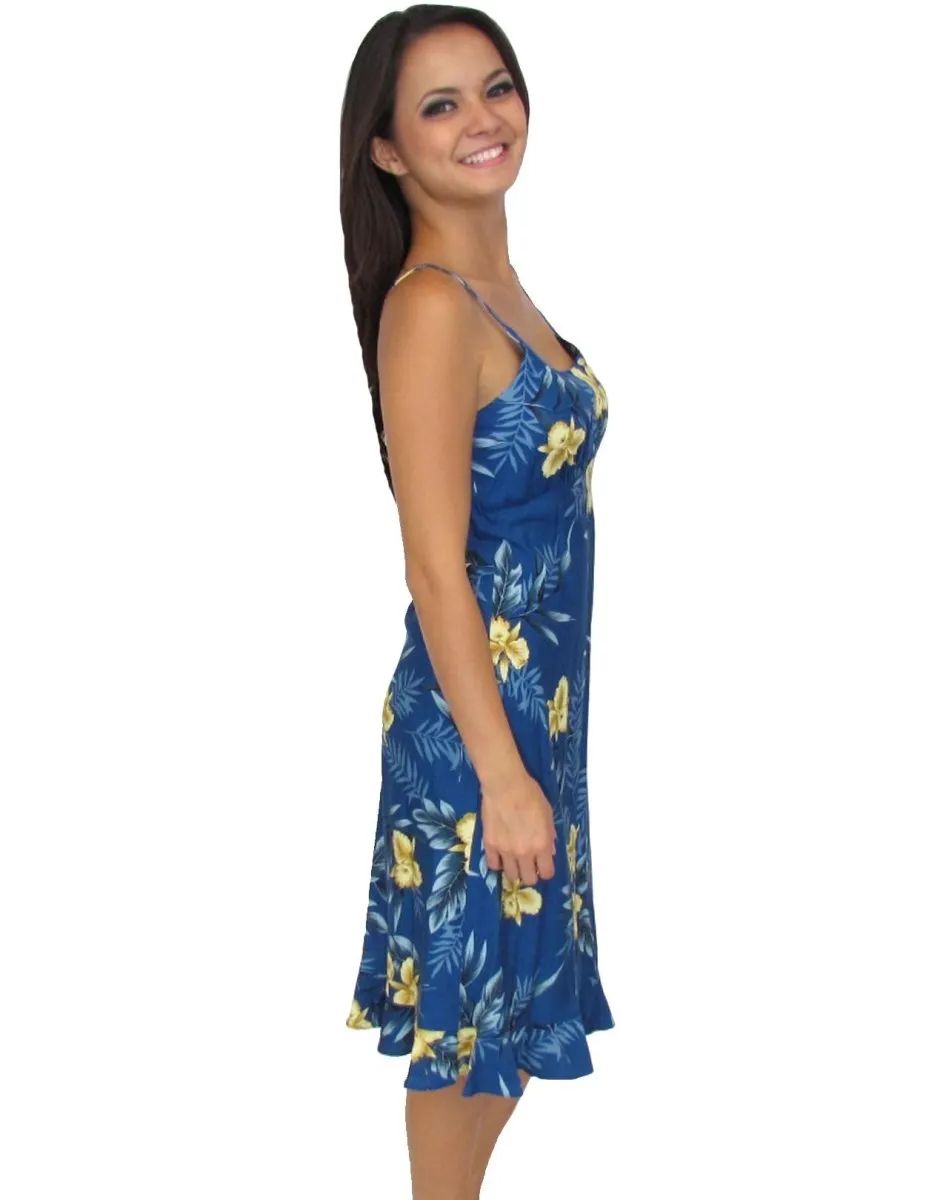 Midi Slip Spaghetti Straps Hawaiian Dress Blue Okalani