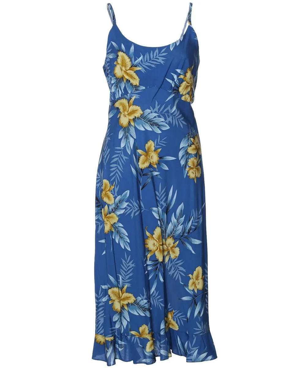 Midi Slip Spaghetti Straps Hawaiian Dress Blue Okalani