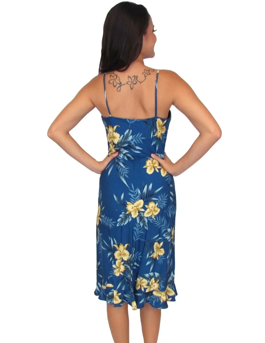 Midi Slip Spaghetti Straps Hawaiian Dress Blue Okalani