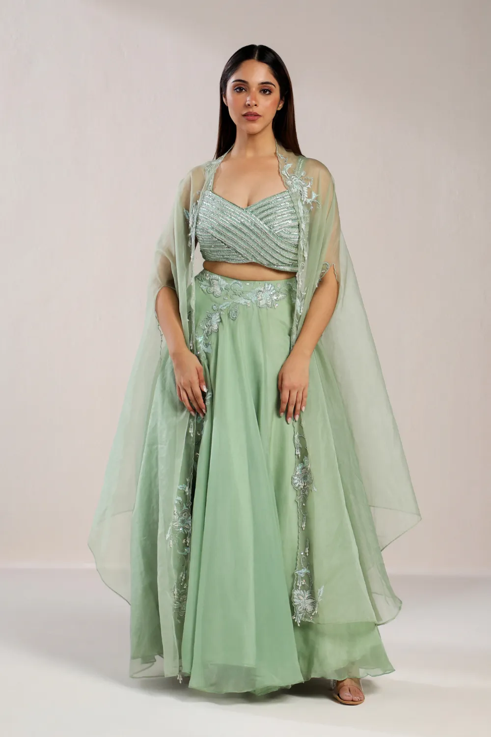 Mint Green Overlap Blouse With Skirt Cape Set