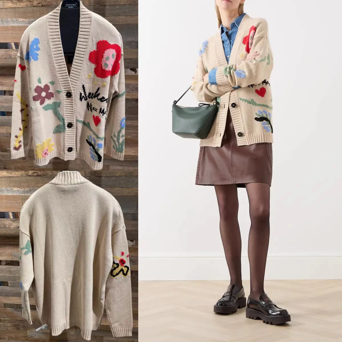 Oversized Knit Beige Floral Intarsia Cardigan