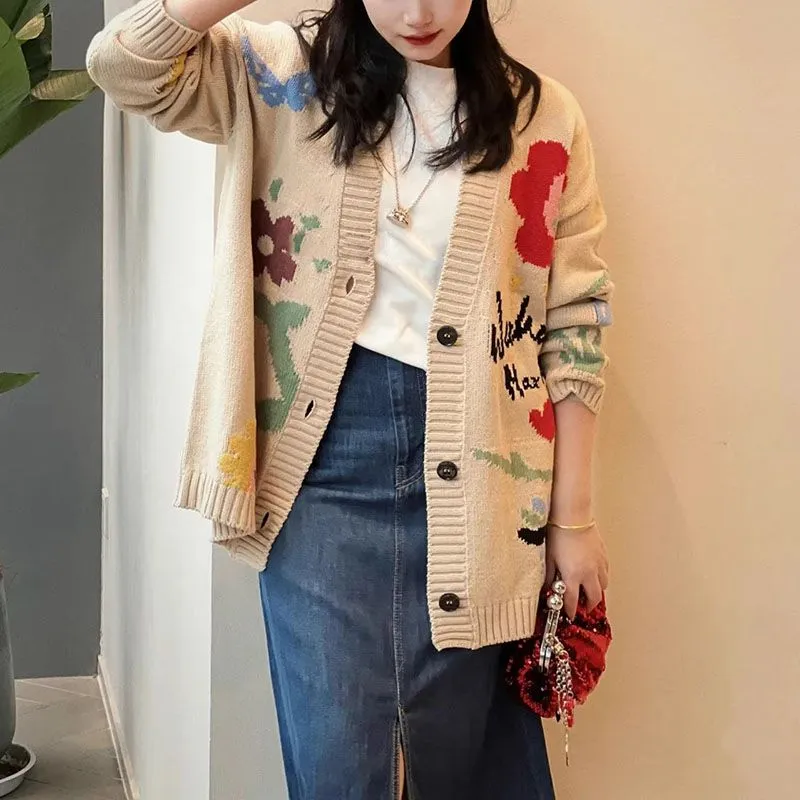 Oversized Knit Beige Floral Intarsia Cardigan