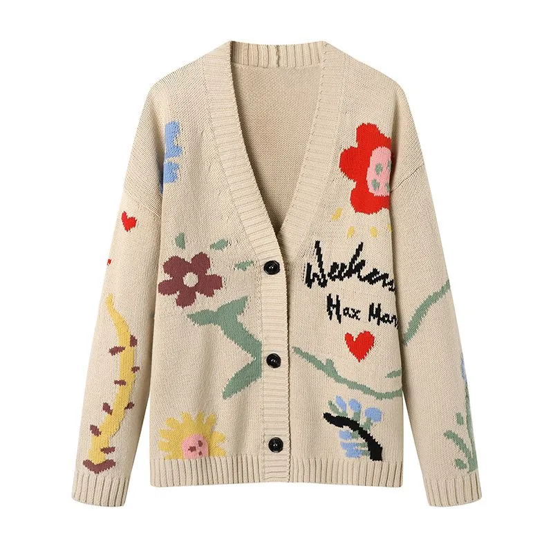 Oversized Knit Beige Floral Intarsia Cardigan