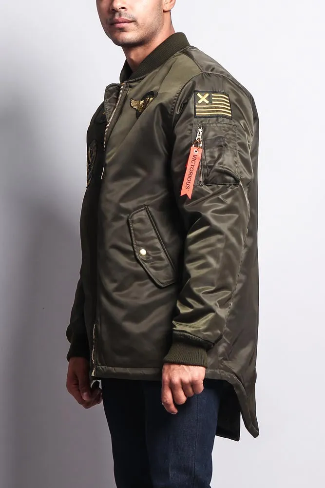 Patched Long Length MA-1 Bomber Jacket