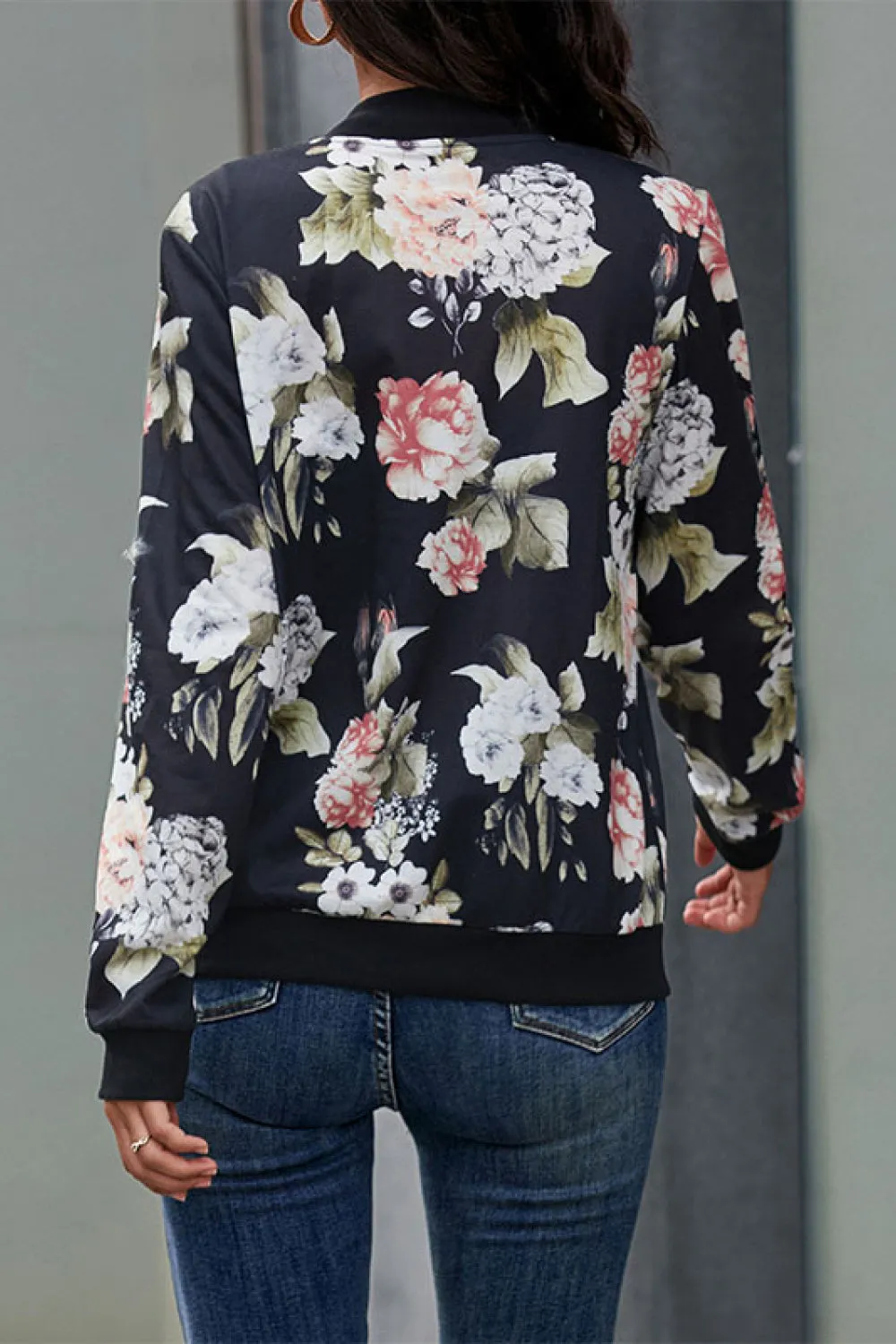 Perfee Floral Print Zip Up Bomber Jacket