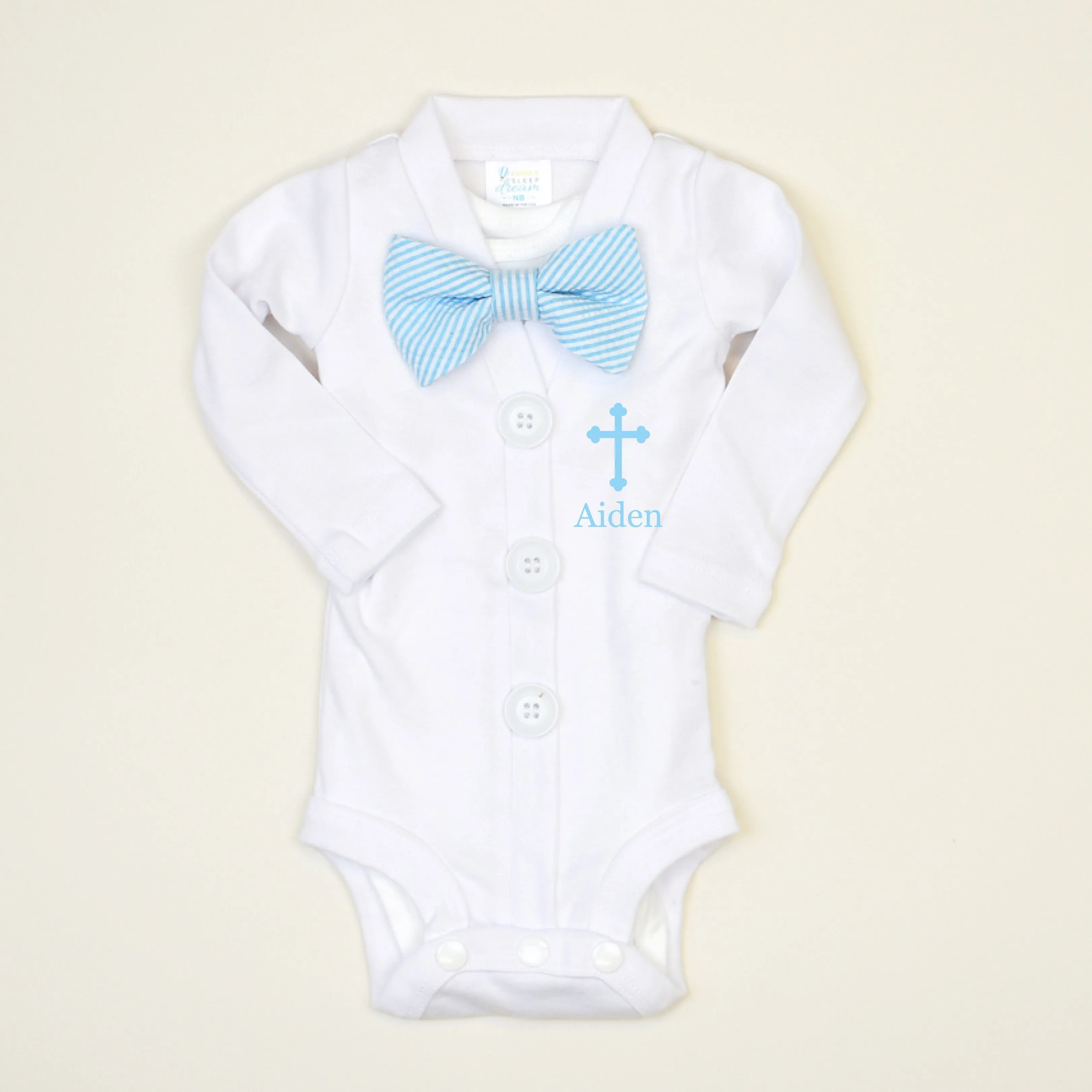 Personalized Baptism Cardigan | Blue Tie & Blue Writing