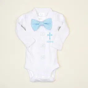 Personalized Baptism Cardigan | Blue Tie & Blue Writing