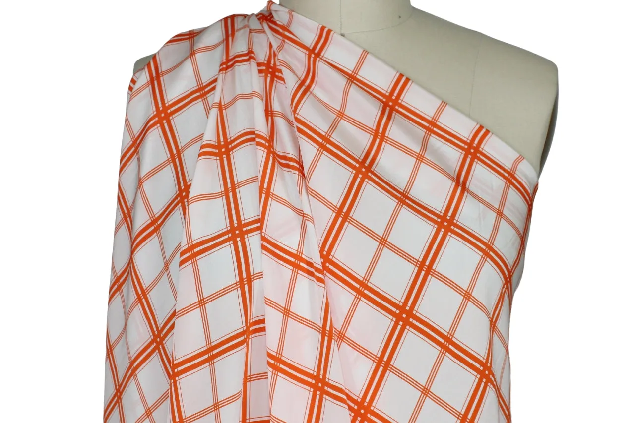 Plaid Silk Crepe de Chine - Tangerine on White