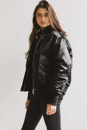 Rylee Satin Bomber Jacket in Black