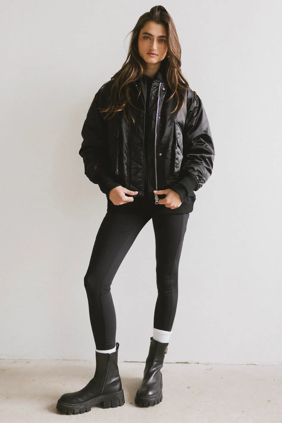 Rylee Satin Bomber Jacket in Black