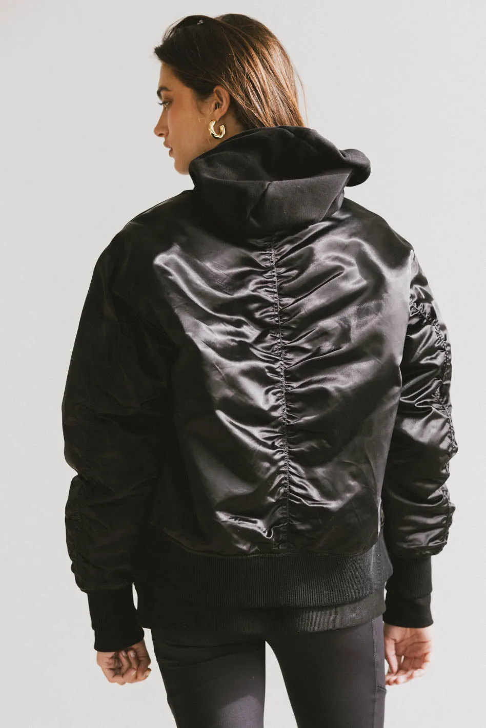 Rylee Satin Bomber Jacket in Black