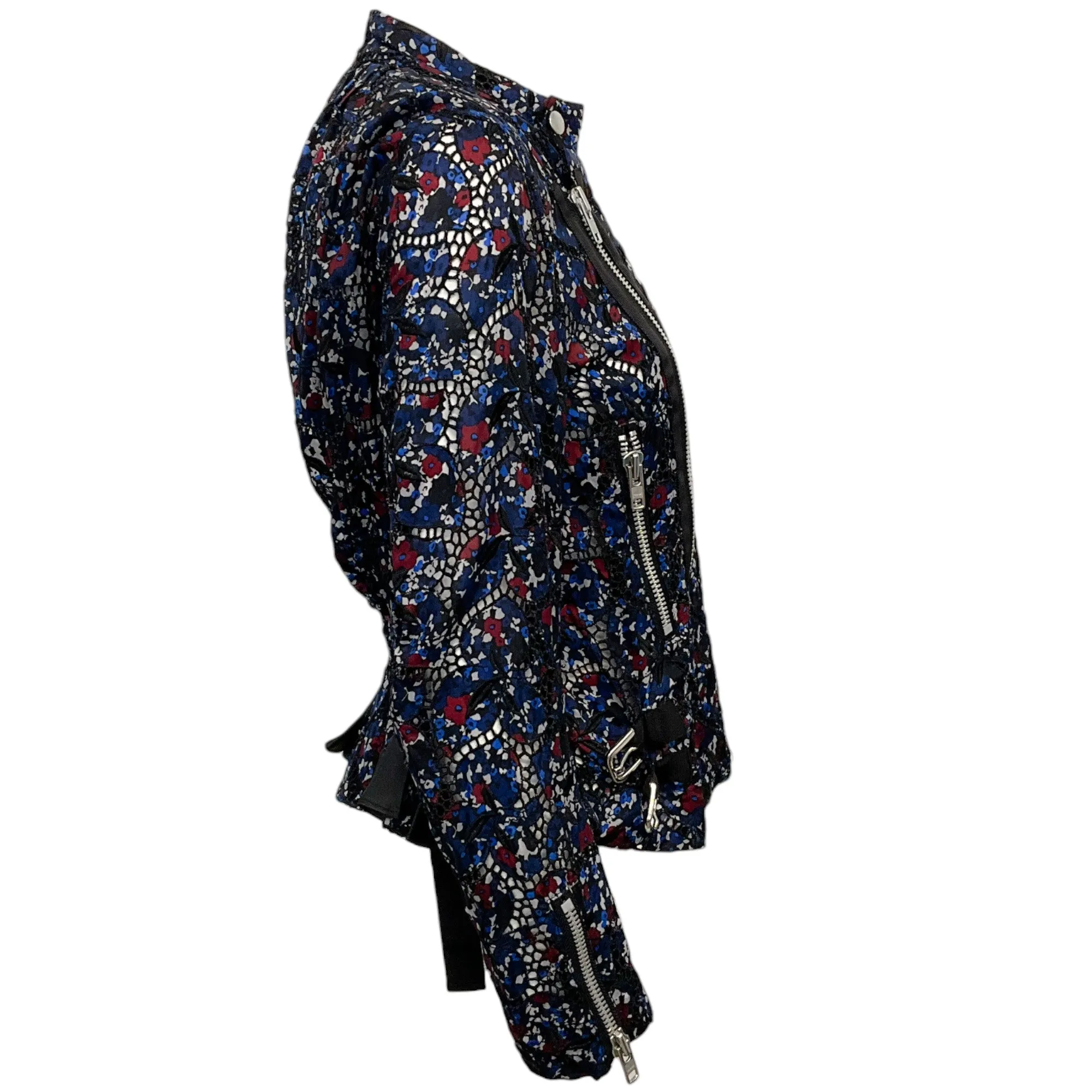 Sacai Blue Multi Floral Eyelet Silk Moto Jacket