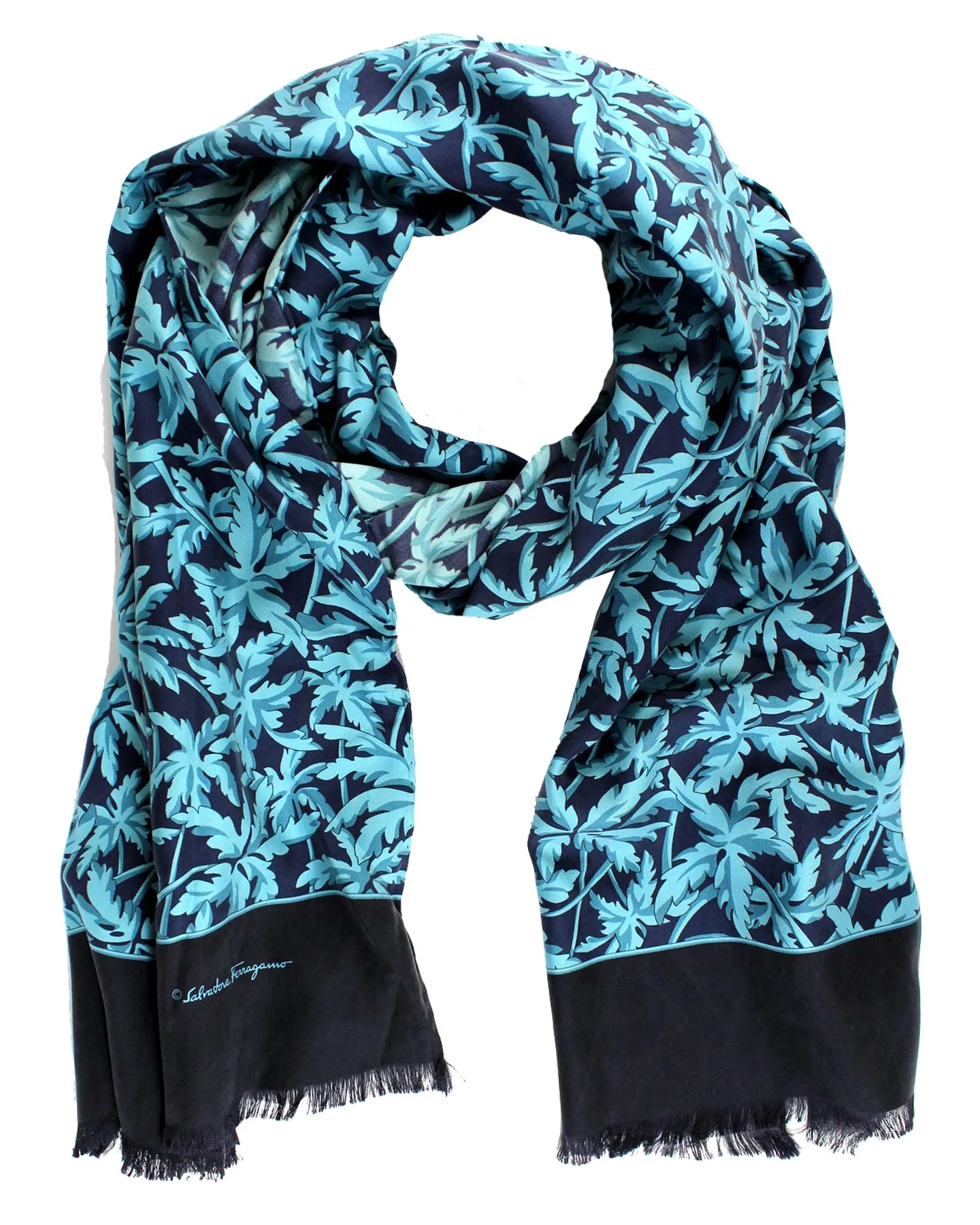 Salvatore Ferragamo Silk Scarf Navy Blue Palm Tree SALE