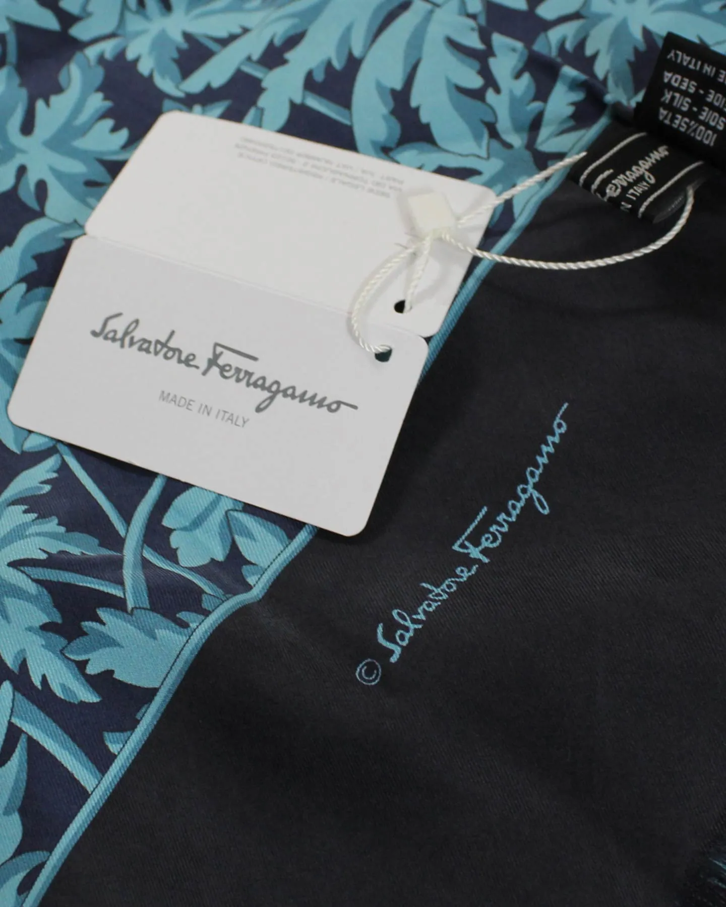 Salvatore Ferragamo Silk Scarf Navy Blue Palm Tree SALE