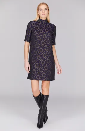 Sunburst Jacquard Turtleneck Shift Dress w/ Contrast Bias