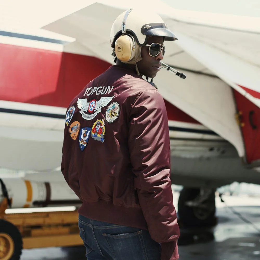 Top Gun Official MA 1 Wings Bomber Jacket with Patches Burgungy