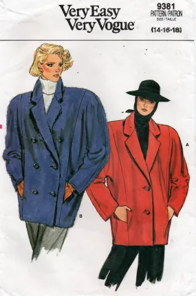 Very Easy Vogue 9381 Womens Oversized Coat 1980s Vintage Sewing pattern Size 14 Bust 36 inches