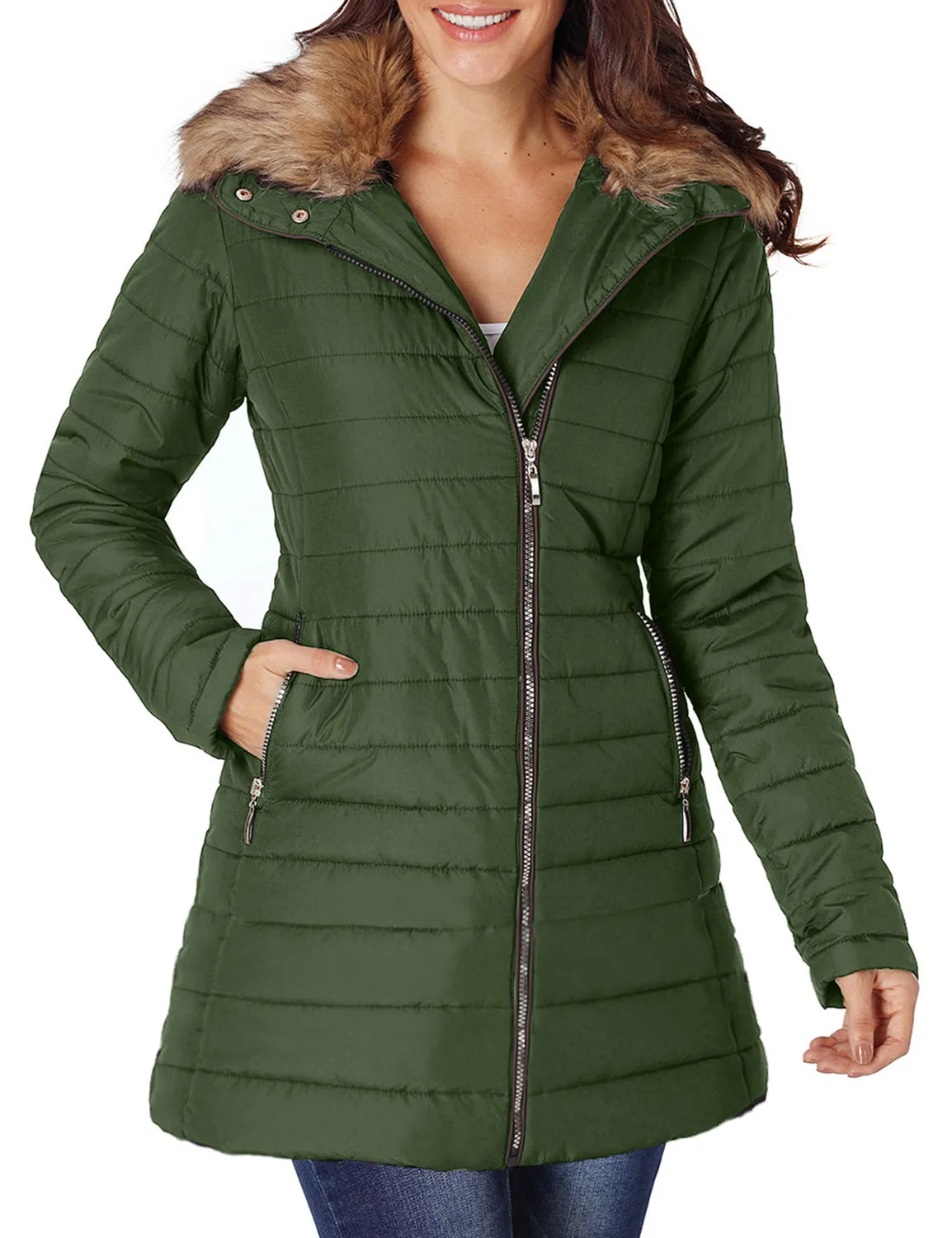 Vetinee Women Casual Faux Fur Lapel Zip Pockets Quilted Parka Jacket Puffer Coat