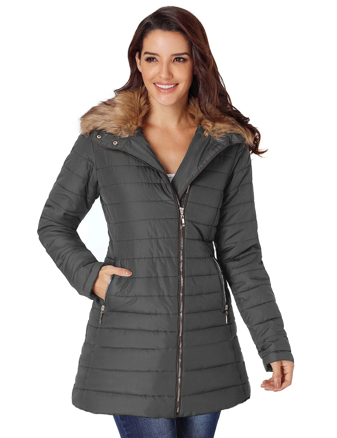 Vetinee Women Casual Faux Fur Lapel Zip Pockets Quilted Parka Jacket Puffer Coat