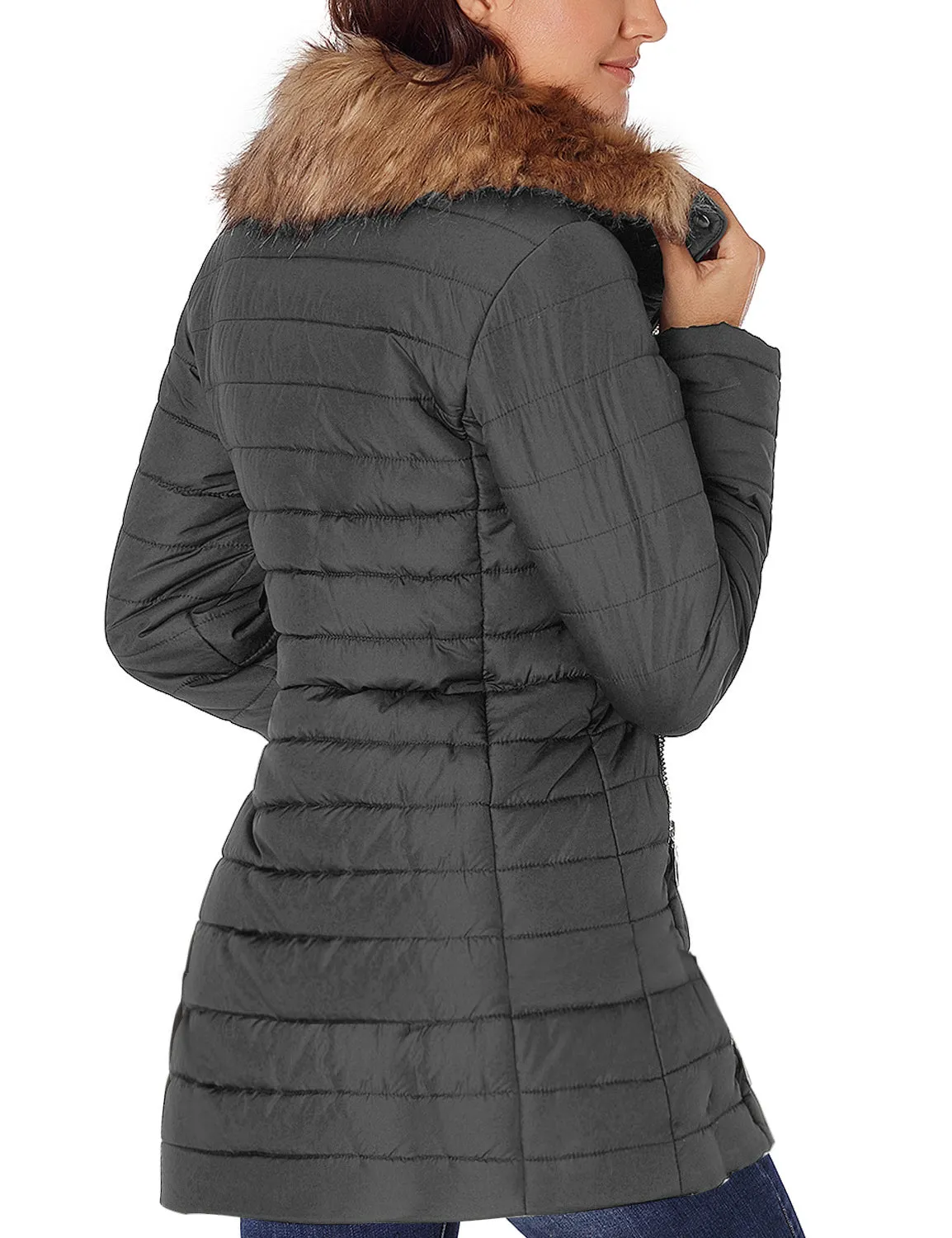 Vetinee Women Casual Faux Fur Lapel Zip Pockets Quilted Parka Jacket Puffer Coat