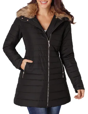 Vetinee Women Casual Faux Fur Lapel Zip Pockets Quilted Parka Jacket Puffer Coat