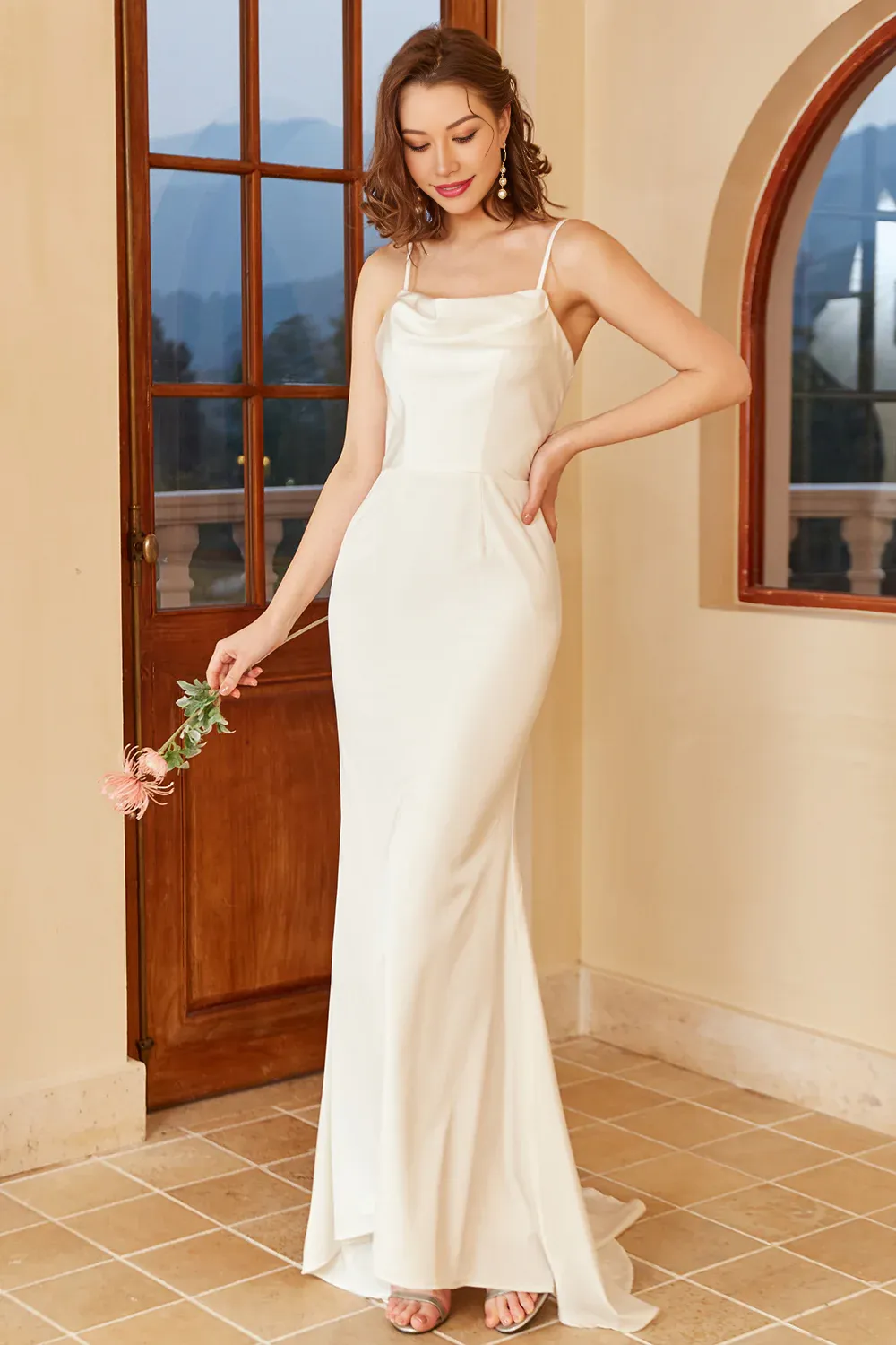 White Spaghetti Straps Slip Dress Simple Wedding Dress Train Dress