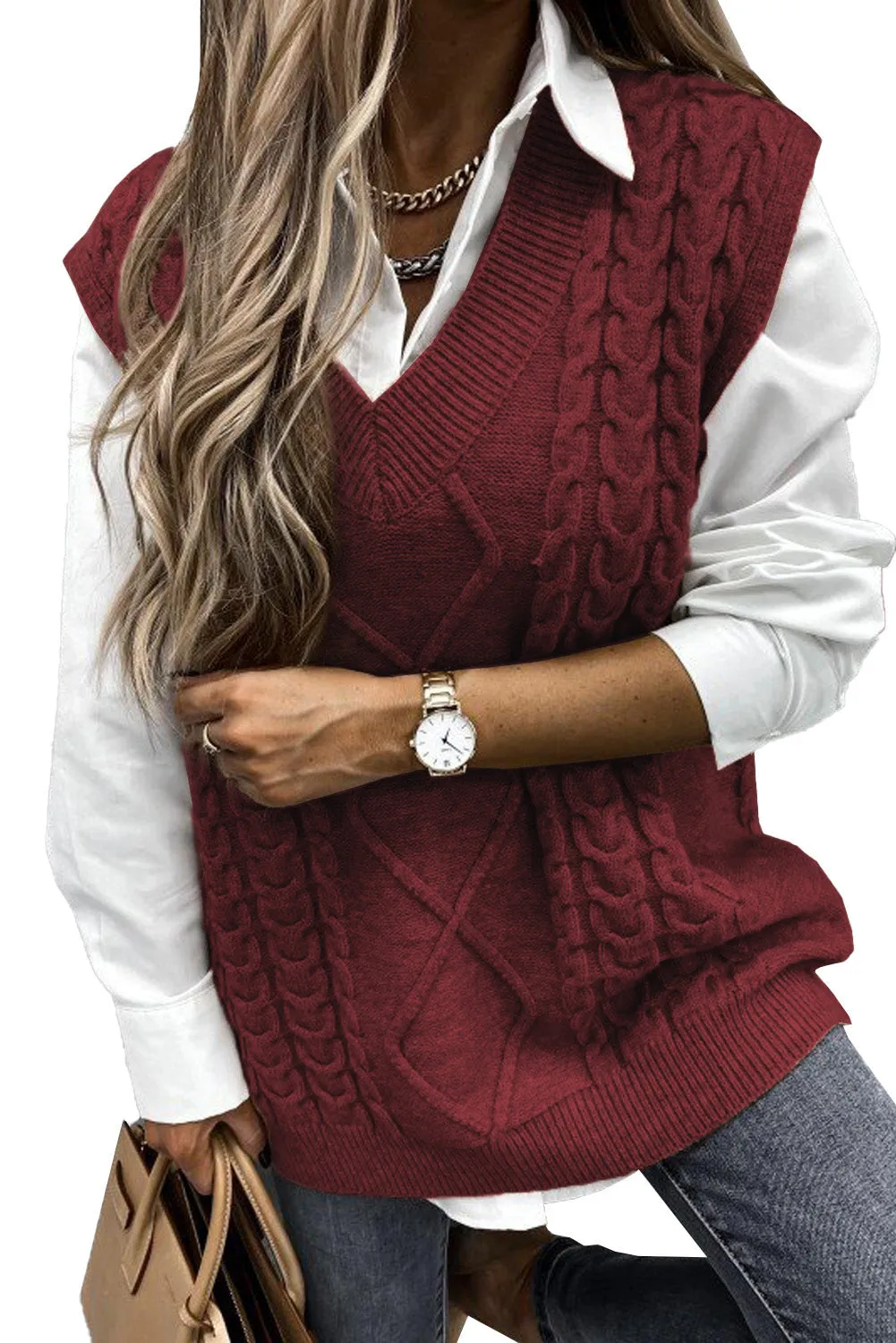 Women Wine Red Sleeveless Cable Knit Warm Sweater Vest