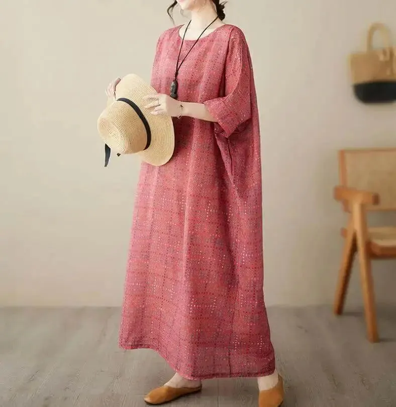 Women's Loose-Fit Linen Bohemian Red Plaid Maxi Dress with Half Sleeves