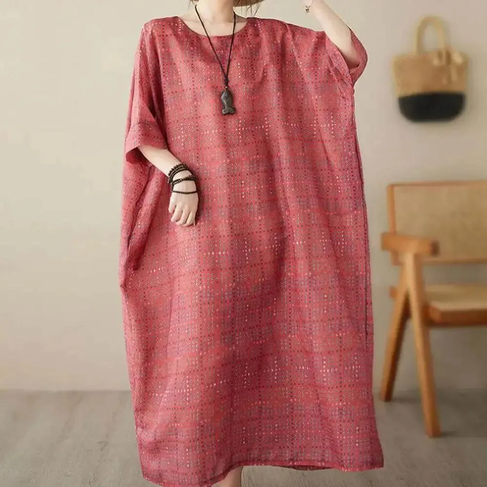 Women's Loose-Fit Linen Bohemian Red Plaid Maxi Dress with Half Sleeves