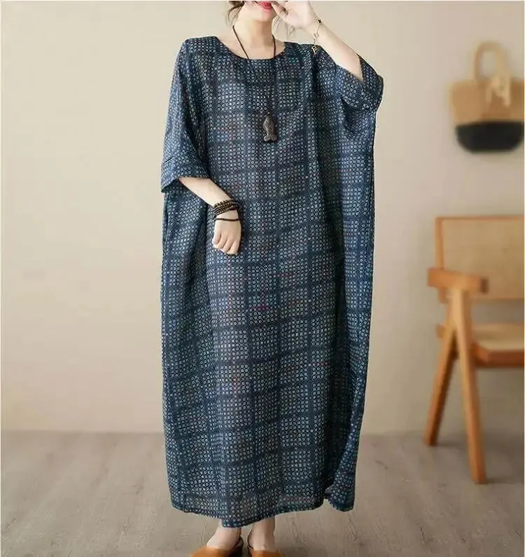 Women's Loose-Fit Linen Bohemian Red Plaid Maxi Dress with Half Sleeves