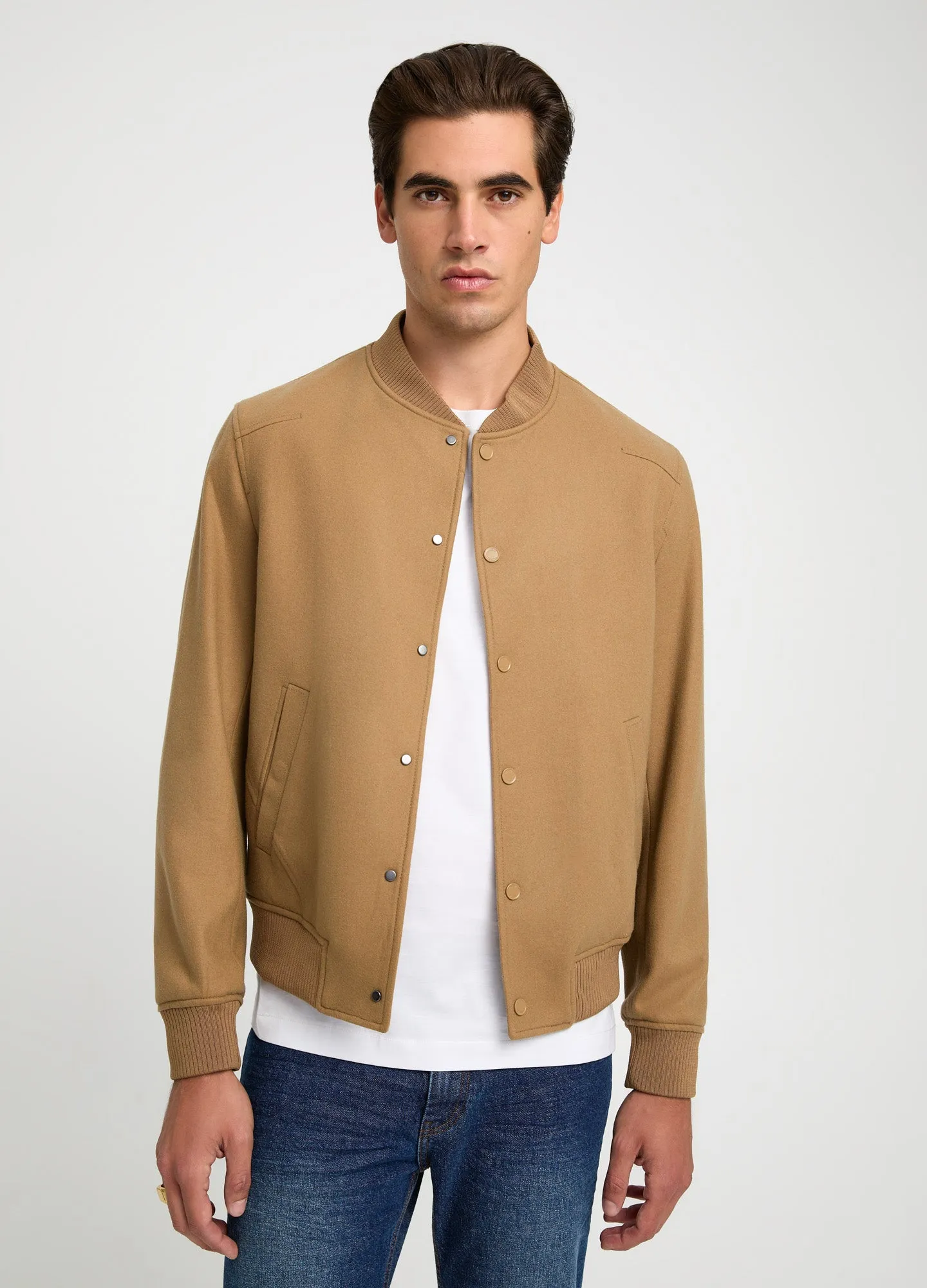 Wool Blend Melton Bomber Jacket Camel