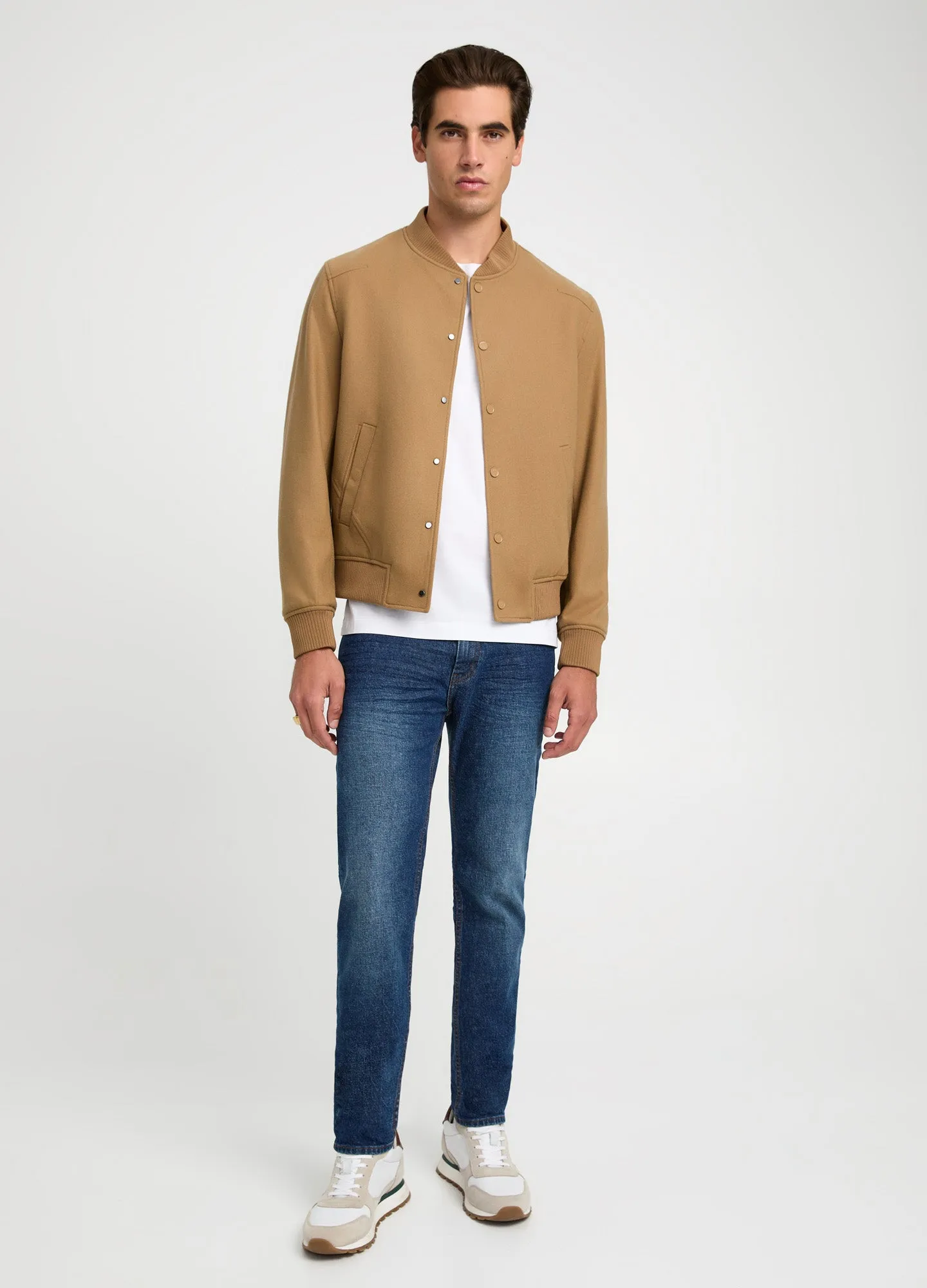 Wool Blend Melton Bomber Jacket Camel