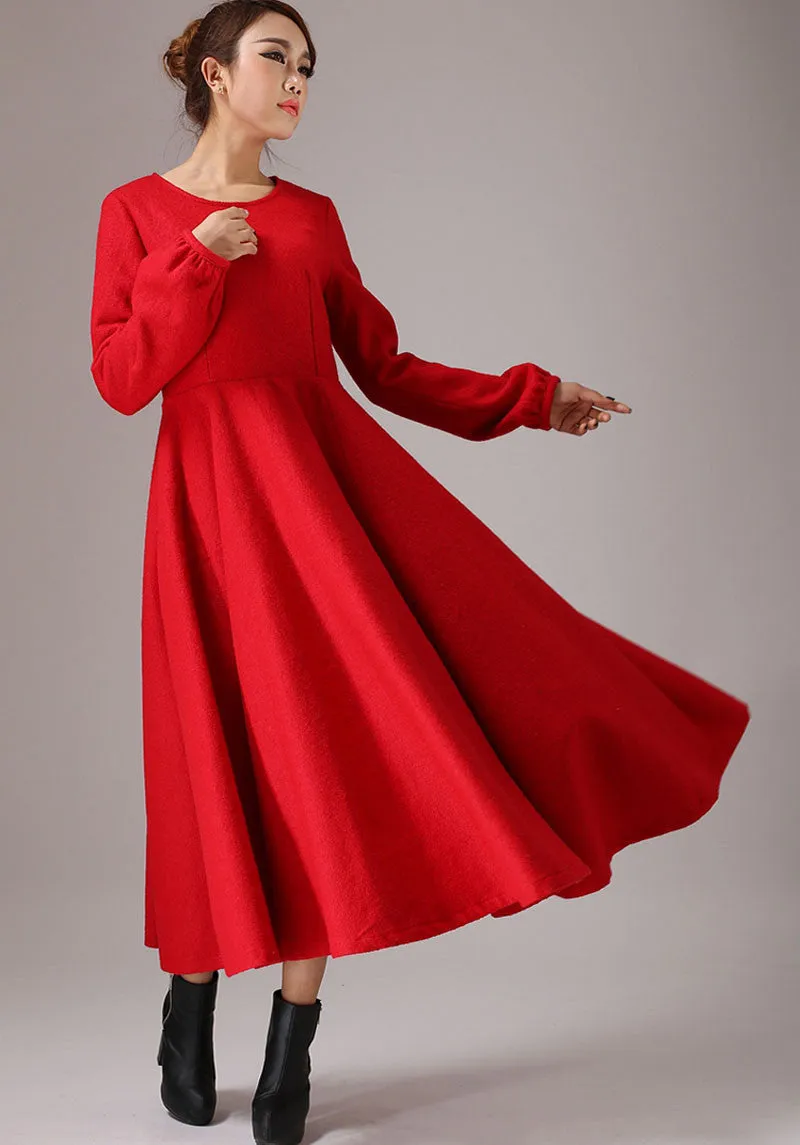 Wool Maxi Dress Red Long Dress Long Sleeve Dress (766)