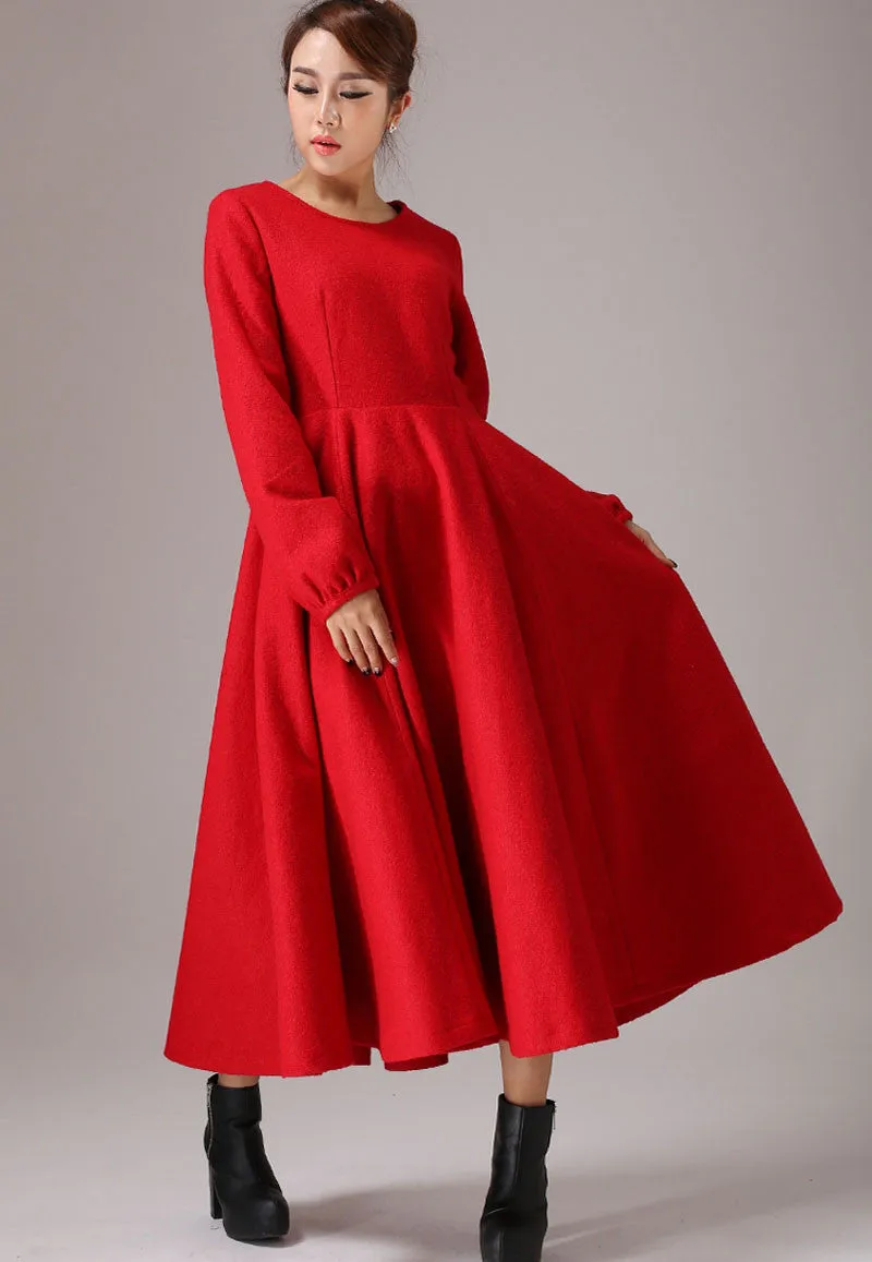 Wool Maxi Dress Red Long Dress Long Sleeve Dress (766)