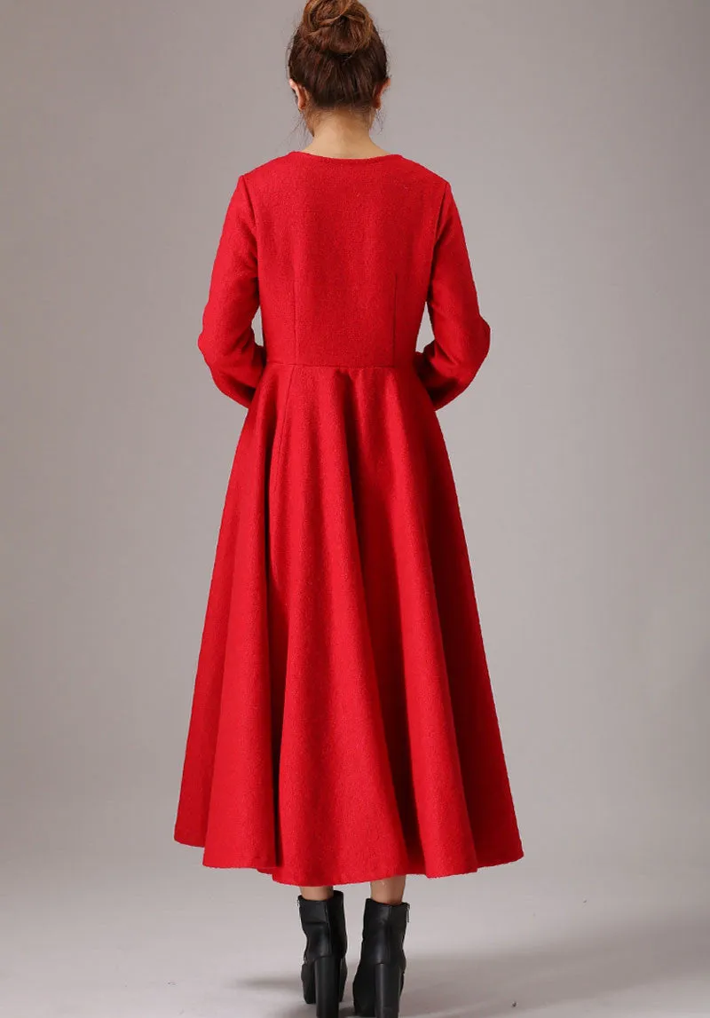 Wool Maxi Dress Red Long Dress Long Sleeve Dress (766)