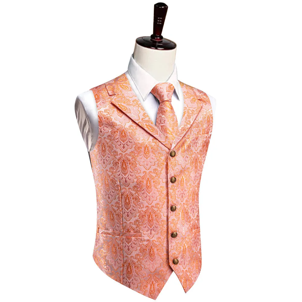 YourTies $9.99 Pink Orange Pasiley Silk Men's Vest Necktie Handkerchief Cufflinks Set