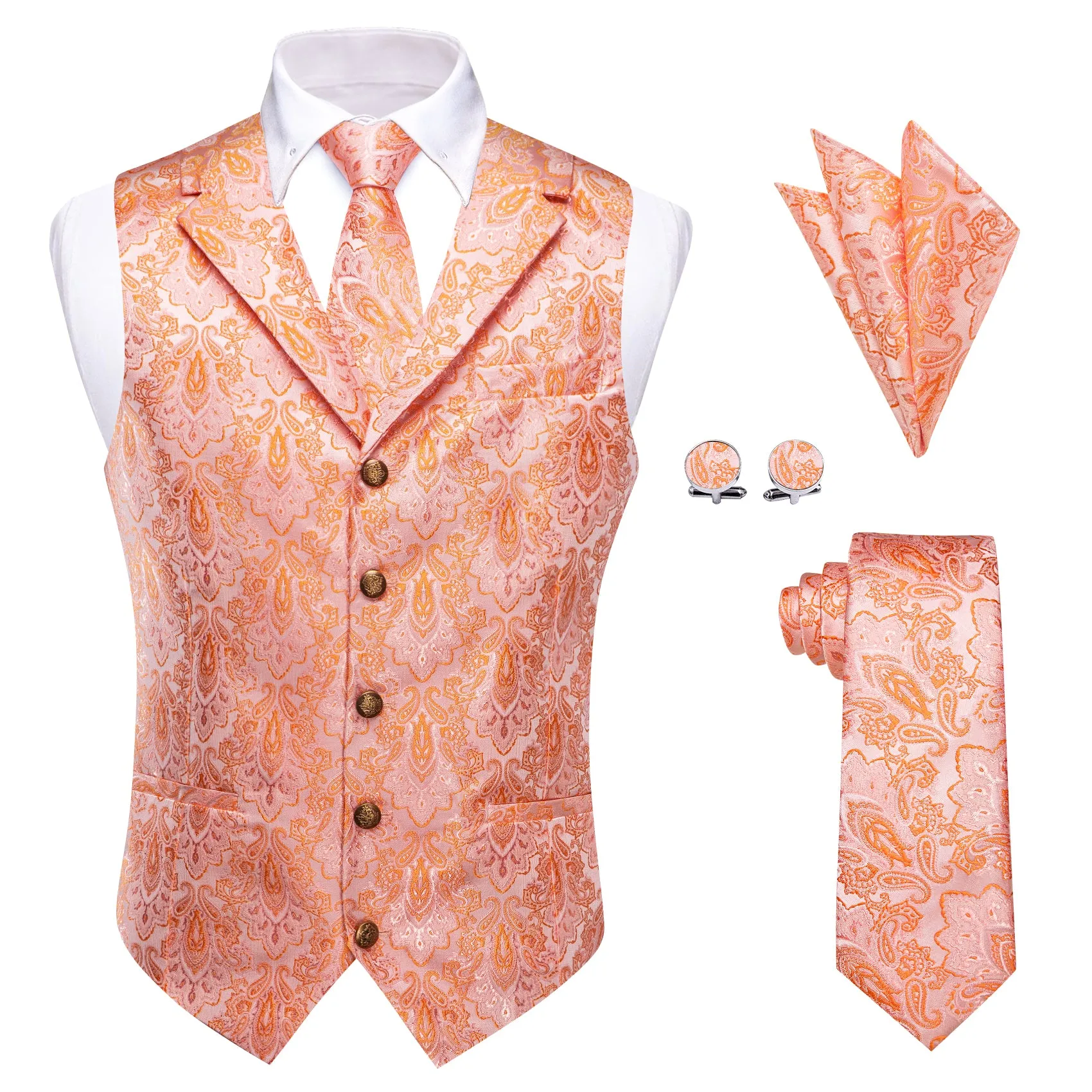 YourTies $9.99 Pink Orange Pasiley Silk Men's Vest Necktie Handkerchief Cufflinks Set